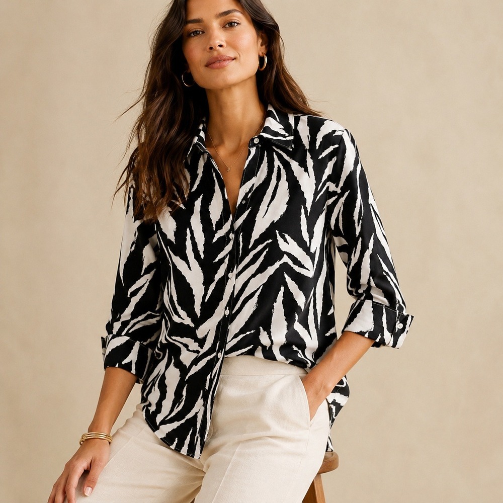 Chico's Stretch Button Front Shirt Black White Abstract‎ Print Career 1 US 8